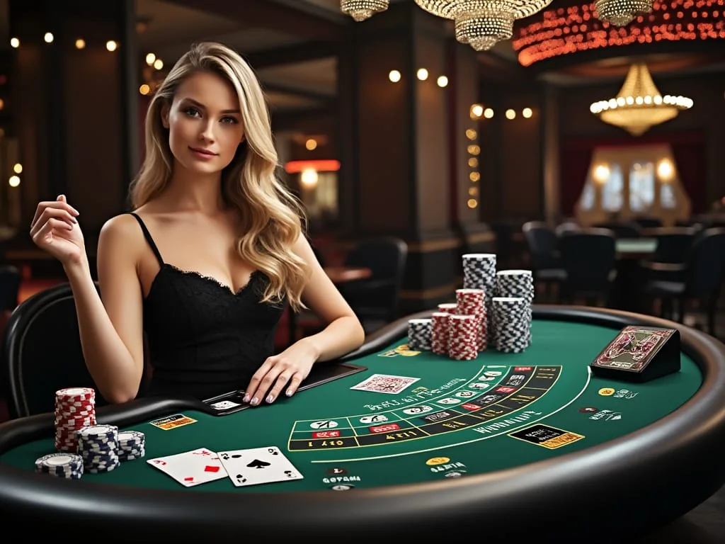 Tampilan meja kasino live dengan dealer dan suasana ruang permainan